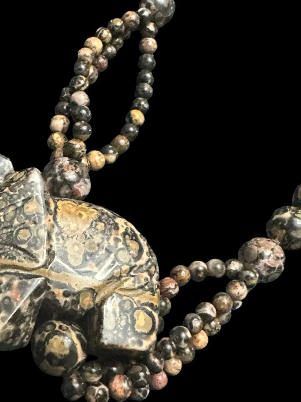 Jasper Necklace Carved Stone Elephant Trunk Up Knotted Bead Necklace Tribal 33